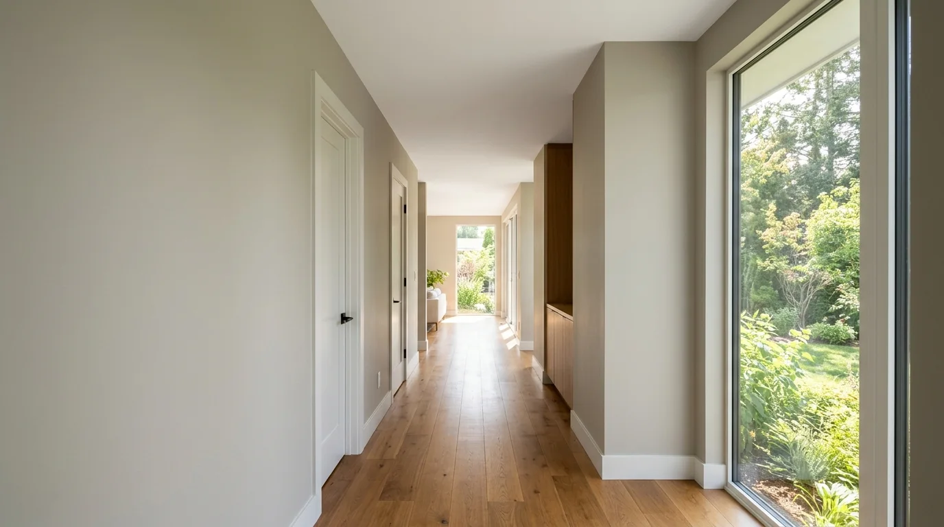A clean, finished residential hallway with a smooth, closed ceiling, neutral walls, and hardwood floors, illuminated by natural daylight.