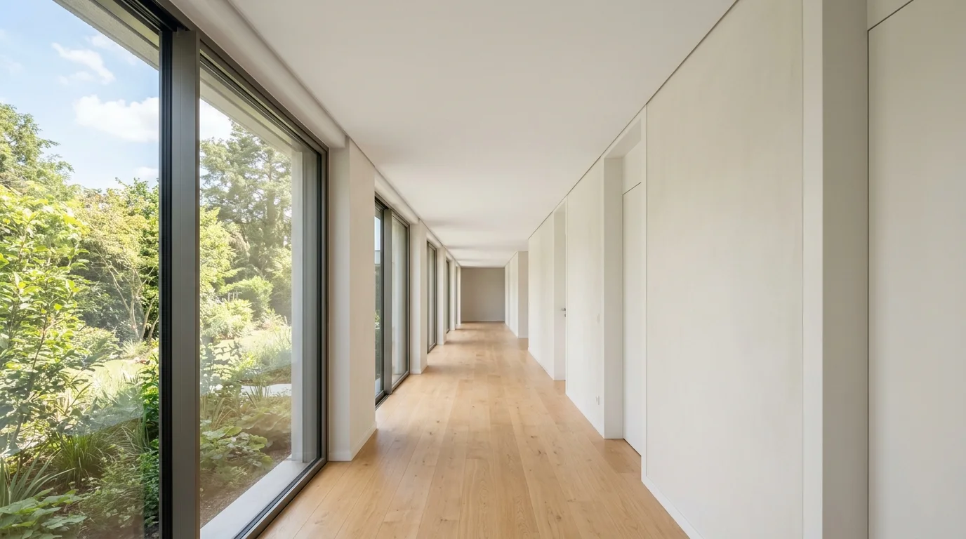 A clean, finished hallway with a smooth, closed ceiling and neutral walls, lit by natural daylight.