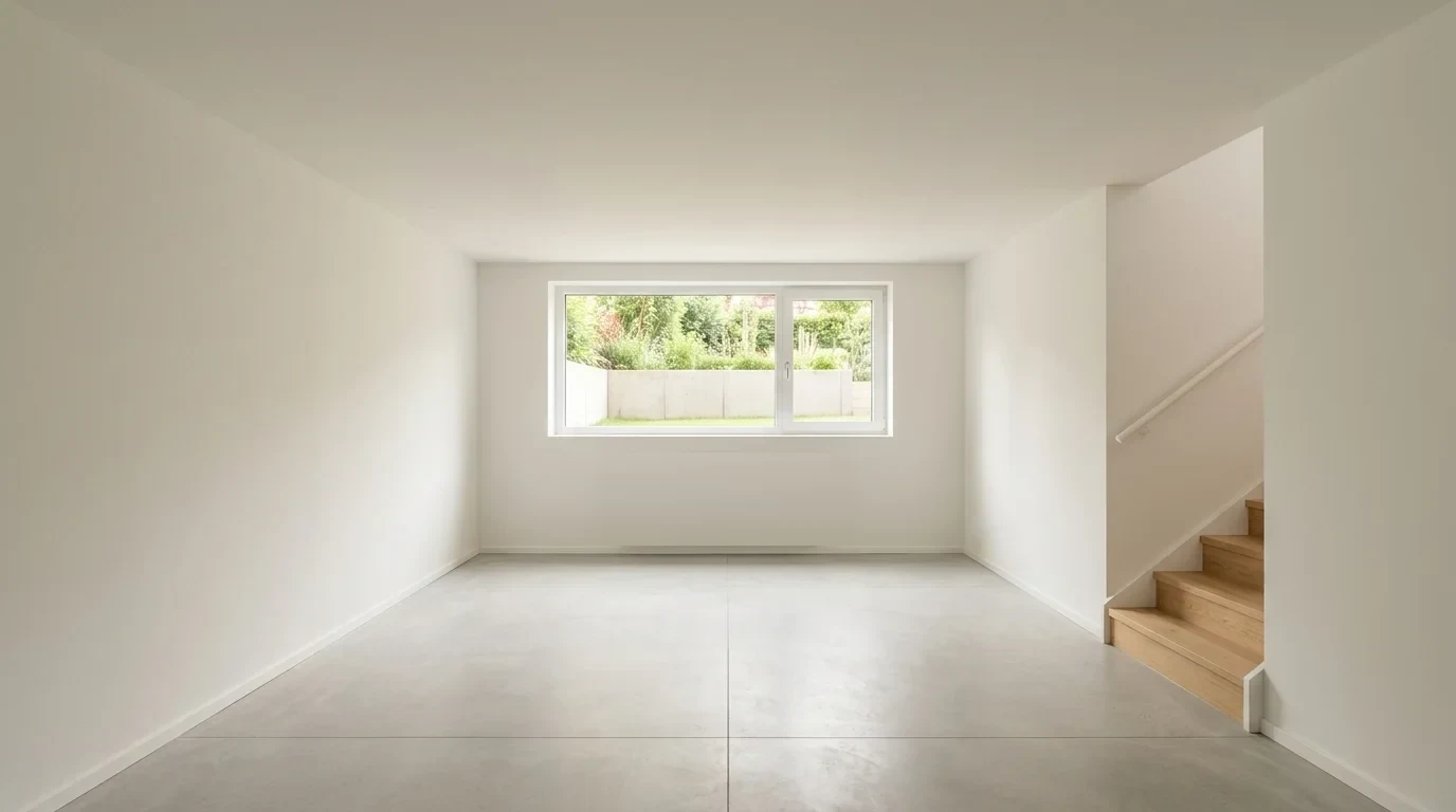 An empty, clean, finished basement room with a smooth, closed ceiling and natural daylight.