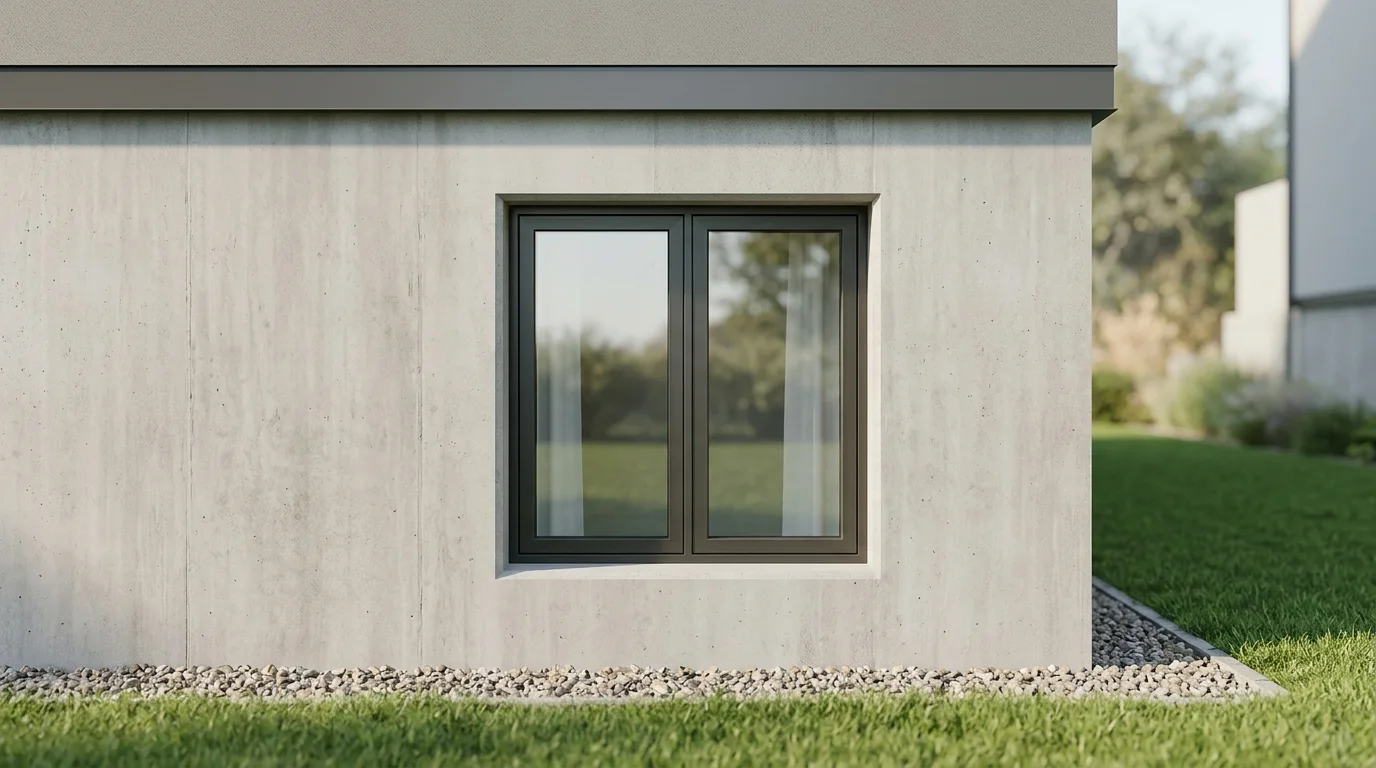 A tightly cropped exterior view of a closed window in a clean house foundation, with no visible pipes or mechanical elements.