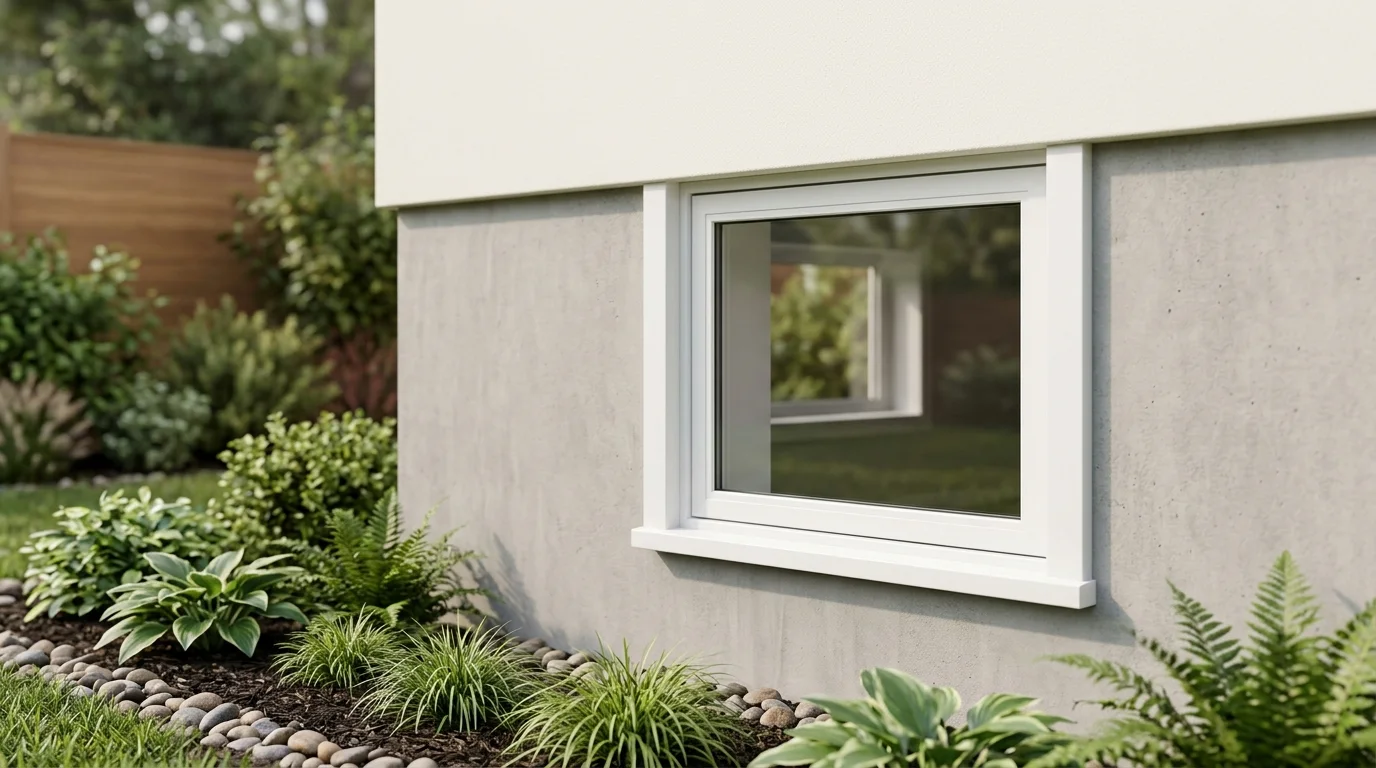 A tightly cropped view of a closed window in a clean house foundation, illuminated by daylight.