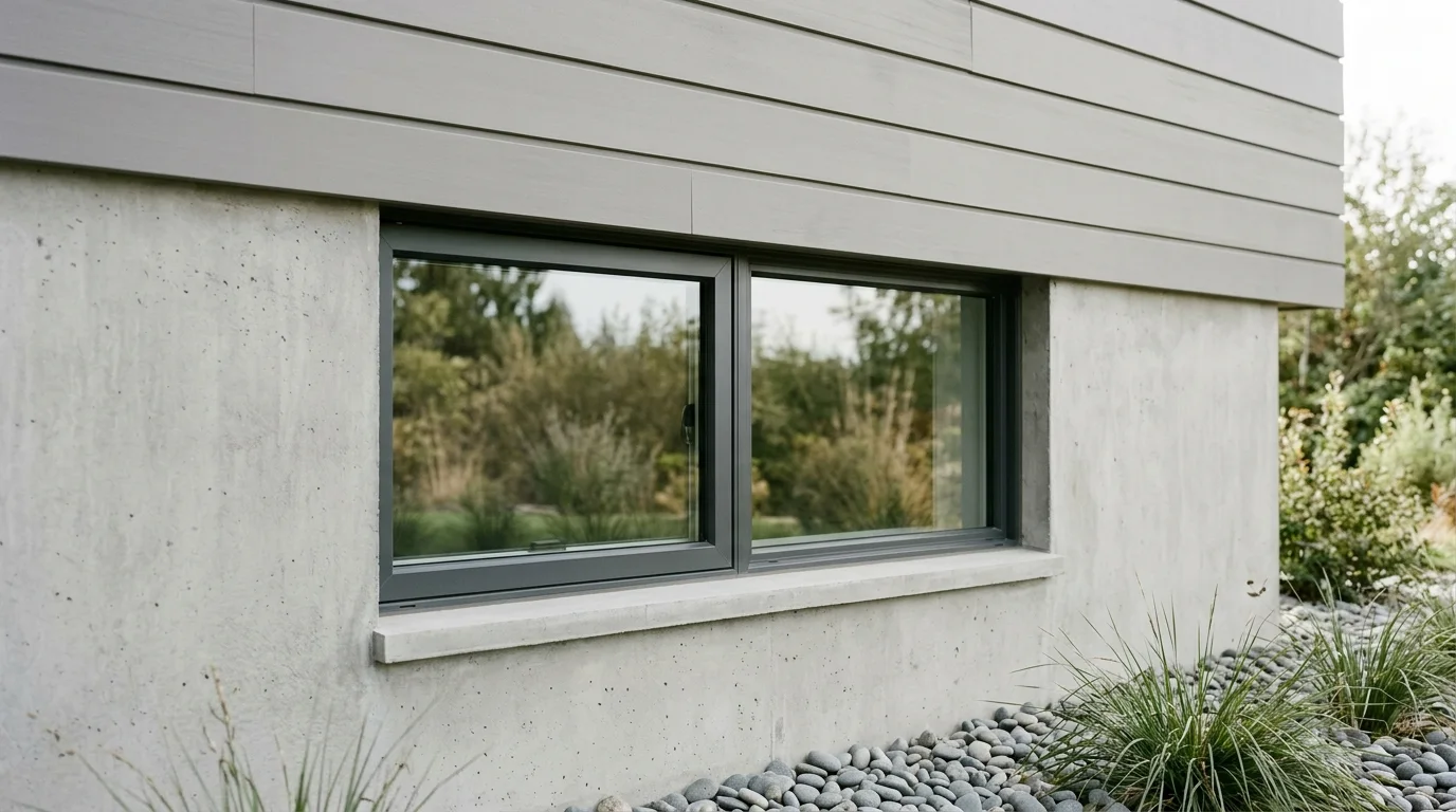 A tightly cropped exterior view of a house, showing a closed window, the foundation wall, and neutral-colored siding above, under natural daylight.