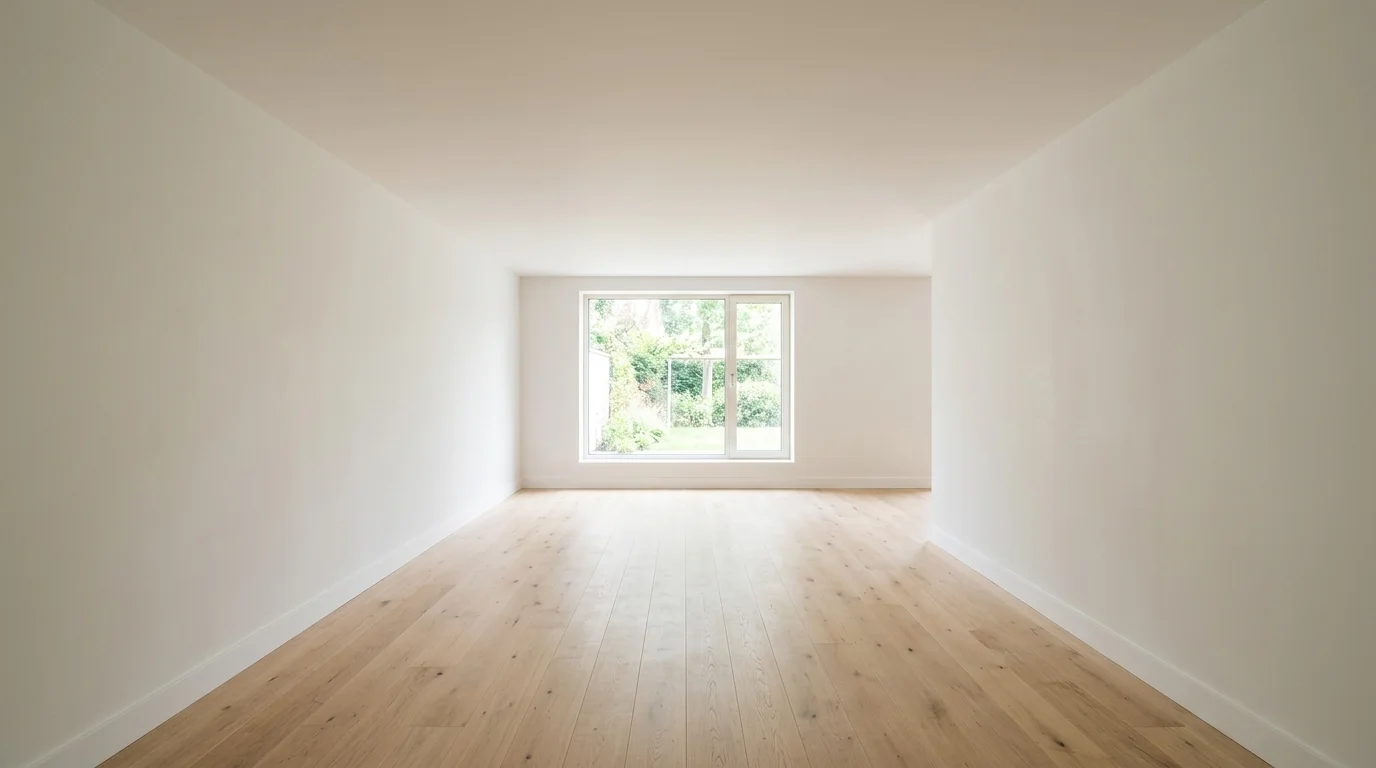 An empty, clean, and well-lit finished basement with smooth, closed ceiling and walls, showing no visible mechanical systems or people.