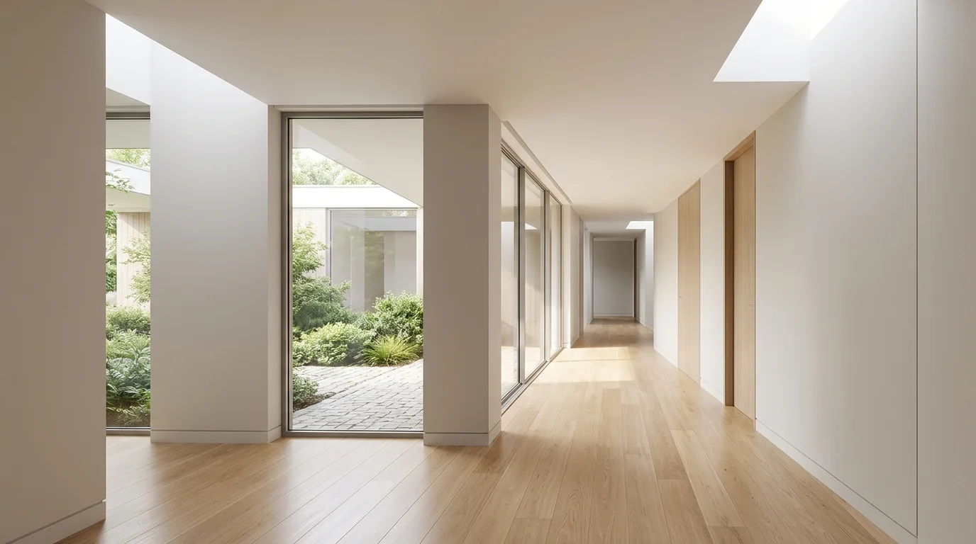 A clean, well-lit finished hallway in a modern home with a smooth, closed ceiling, showing no visible mechanical systems or people.