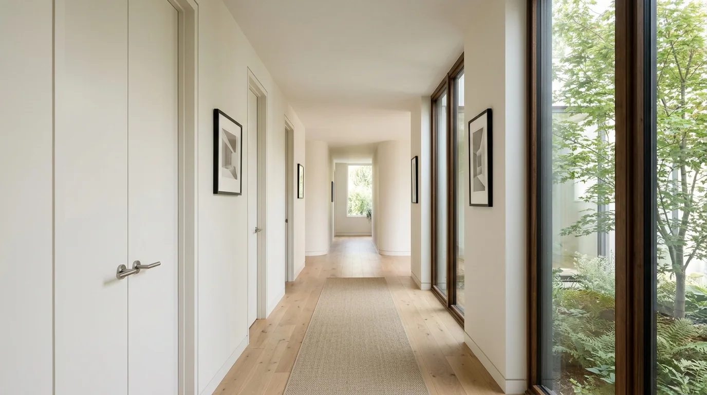 A clean, finished residential hallway with a smooth, closed ceiling, lit by natural daylight.