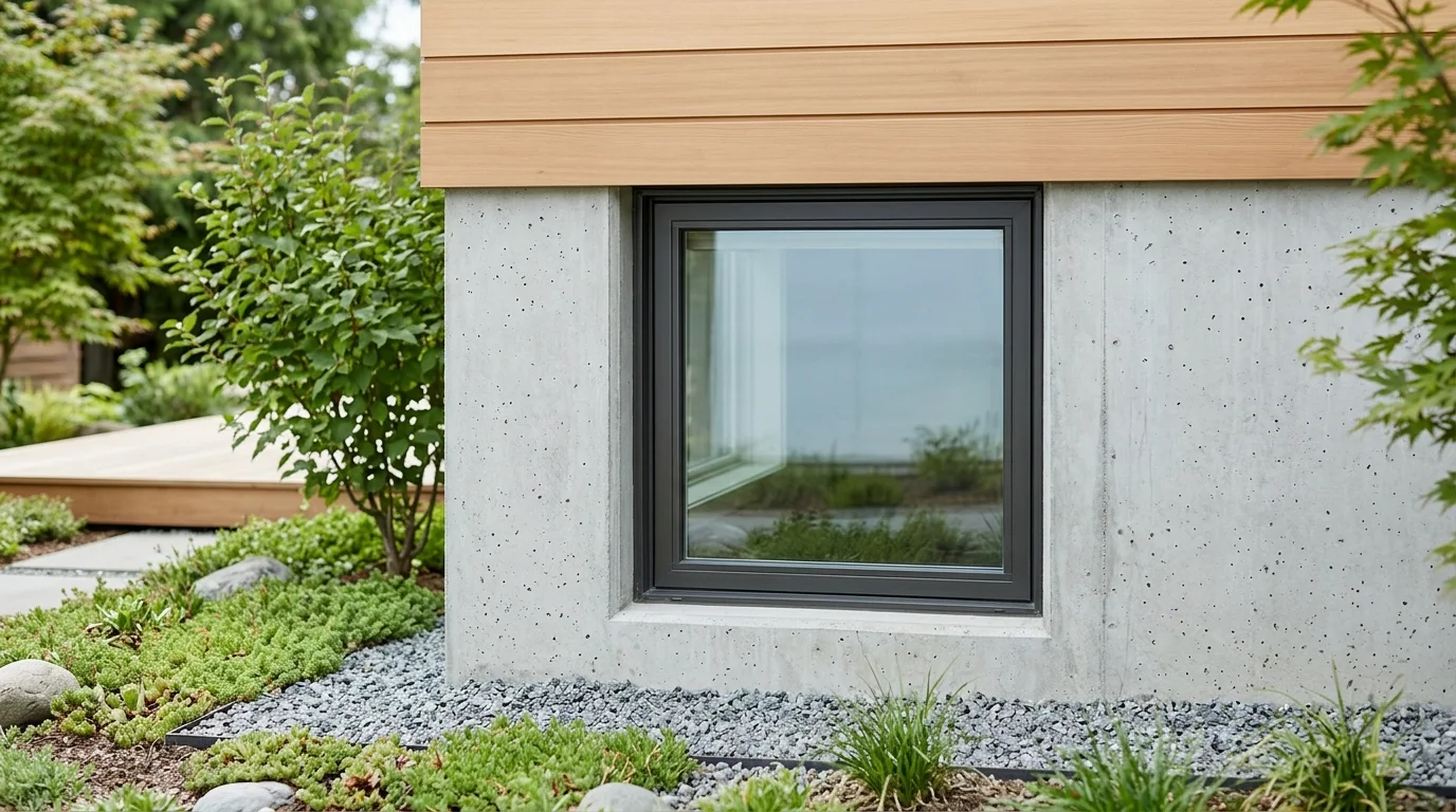 A tightly cropped exterior view of a closed window in a smooth house foundation, with siding above, under daylight.