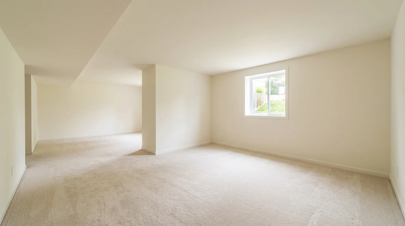 An empty, clean, finished basement with a smooth, closed ceiling, light walls, and a carpeted floor, lit by natural daylight.