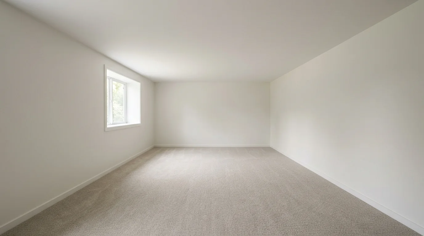 An empty, finished basement room with smooth, closed ceiling and neutral walls, illuminated by daylight.